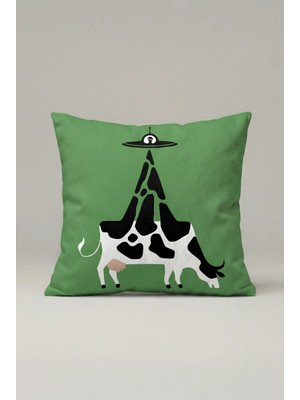 Viki Concept Ufo ve Inek Desenli Dekoratif Kırlent Kılıfı 100 – Modern Illüstratif Tasarım 45X45 cm