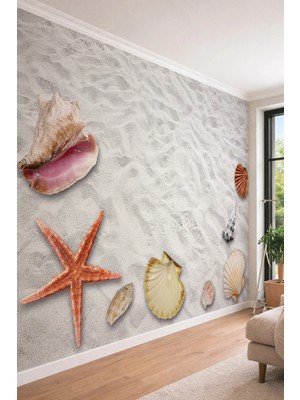 Dreamwall Sahil Kumu ve Deniz Kabukları - Banyo ve Spa Için Tek Parça Tekstil Duvar Kağıdı