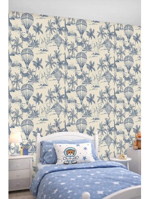 Dreamwall Vintage Safari ve Sıcak Hava Balonları Gravür Desenli Tek Parça Tekstil Duvar Kağıdı