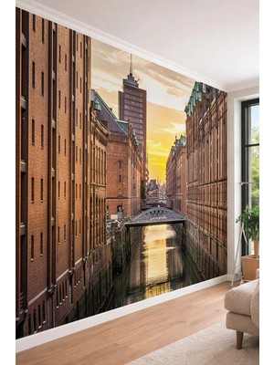 Dreamwall Hamburg Speicherstadt Kanalı - Tarihi Şehir Temalı Tek Parça Tekstil Duvar Kağıdı