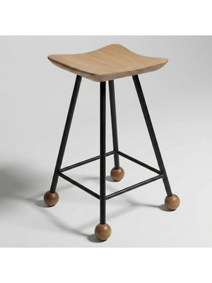 Wood Stone Art Tabure Set - 55 cm Beyaz Siyah Metal Ayaklı Masif Ahşap Kavisli Ada Mutfak Taburesi