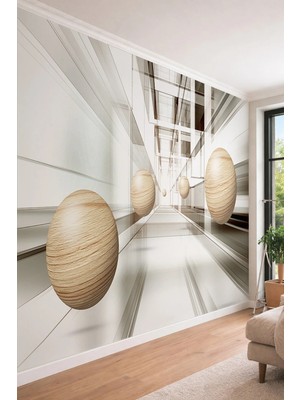Dreamwall 3D Geometrik Perspektif ve Ahşap Objeler Tek Parça Tekstil Duvar Kağıdı