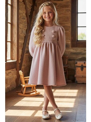 Riccotarz Kız Çocuk Yaka ve Düğme Detaylı Bilekleri Manşetli Pliseli Pembe Şanel Elbise