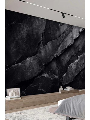 Dreamwall Black Rift – Siyah Doğal Taş Görünümlü Tek Parça Tekstil Duvar Kağıdı
