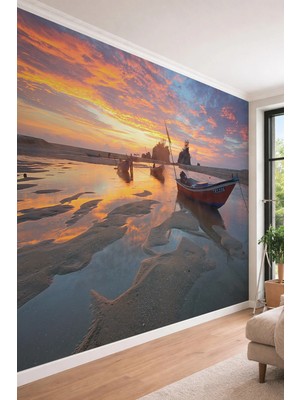 Dreamwall Sahil ve Balıkçı Tekneleri - Gün Batımı Temalı Tek Parça Tekstil Duvar Kağıdı