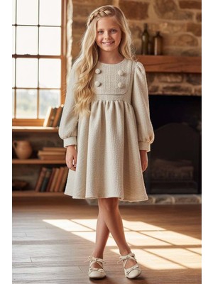 Riccotarz Kız Çocuk Yaka ve Düğme Detaylı Bilekleri Manşetli Pliseli Bej Şanel Elbise