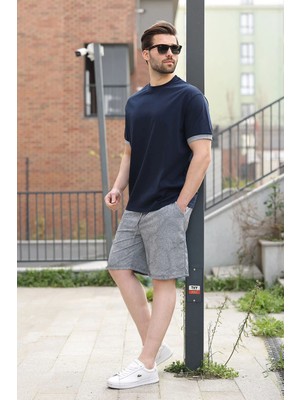 Madmext Lacivert %100 Pamuklu Bisiklet Yaka Şort Tişört Takım E7359
