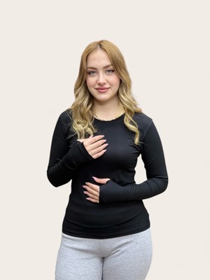 Levamor Kadın Bisiklet Yaka Parmak Geçmeli Detaylı Likralı Pamuklu Body