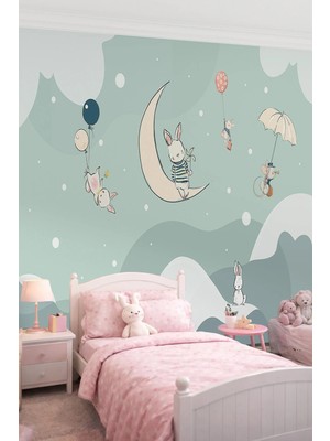Dreamwall Ay Dede ve Bulutlarda Süzülen Tavşanlar Tek Parça Tekstil Duvar Kağıdı
