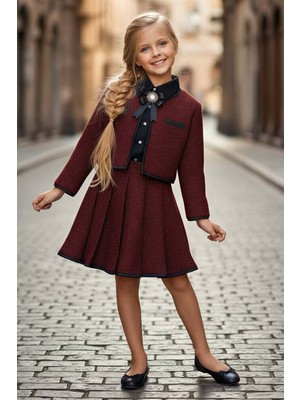Riccotarz Kız Çocuk Yaka ve Ceket Kenarları Şerit Detaylı Ceket Klasik Gömlek Pileli Bordo Şanel Etekli Takım