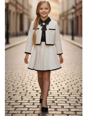 Riccotarz Kız Çocuk Yaka ve Ceket Kenarları Şerit Detaylı Ceket Klasik Gömlek Pileli Ekru Şanel Etekli Takım