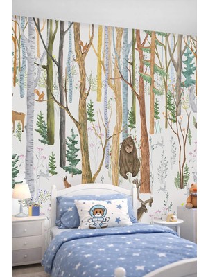 Dreamwall Sanatsal Orman ve Vahşi Hayvanlar Temalı Tek Parça Tekstil Duvar Kağıdı