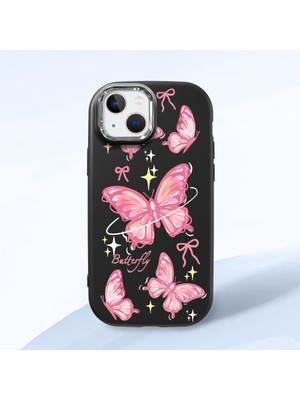 HONTINGA iPhone 13 ile Uyumlu Kılıfı Kamera Korumalı Düşüme Önleyici Basitlik Siyah Yumuşak Silikon Telefon Kılıfı Pembe Kelebek Desenli K4-0256
