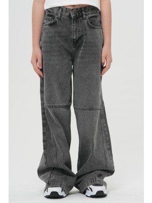 Haykids Unisex Koyu Gri Geniş Paça Dikiş Detaylı Jean Bol Kesim Alt Giyim Kot Pantolon