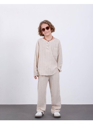Rapapa Erkek Çocuk Keten  Çizgili İkili Takım – Şık ve Rahat Günlük Kombin (Gömlek + Pantolon) 9262KR