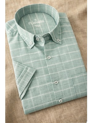 Varetta Erkek Kısa Kollu Gömlek Yeşil Keten Efektli Cepli Geniş Kesim Yazlık