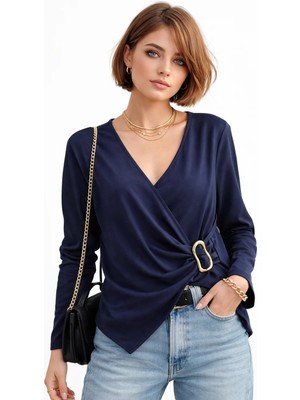 ribana Kadın Kruvaze Yaka Gold Toka Detaylı Uzun Kollu Bluz 3002