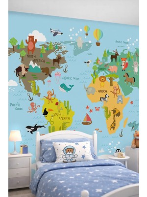Dreamwall Eğitici Hayvanlar Dünya Haritası Tek Parça Tekstil Duvar Kağıdı - Çocuk Odası