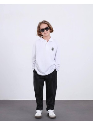 Rapapa Erkek Çocuk Beyaz Polo Yaka Sweatshirt Siyah Çizgili Pantolon Takım – Şık Rahat Günlük Kombin 5084S
