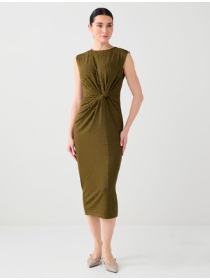 Jimmy Key Koyu Yeşil Bisiklet Yaka Kolsuz Büzgü Detaylı Örme Midi Elbise