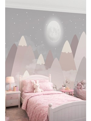 Dreamwall Dolunay ve Karlı Dağ Zirveleri Temalı Tek Parça Tekstil Duvar Kağıdı