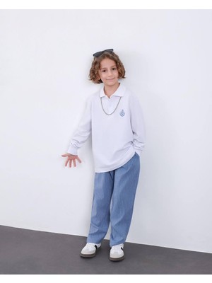 Rapapa Erkek Çocuk Beyaz Polo Yaka Sweatshirt Siyah Çizgili Pantolon Takım – Şık Rahat Günlük Kombin 5084M