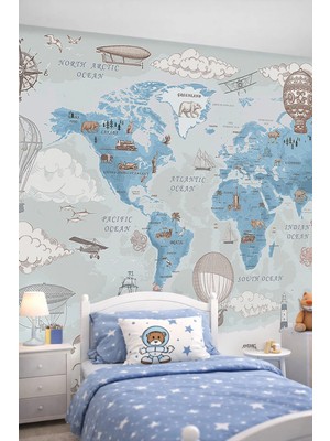 Dreamwall Eğitici Dünya Haritası Tek Parça Tekstil Duvar Kağıdı - Mavi Macera Serisi