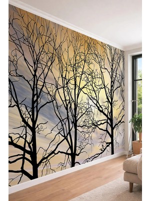 Dreamwall Gün Batımı Gökyüzü ve Ağaç Silüetleri Doğa Temalı Tekstil Duvar Kağıdı