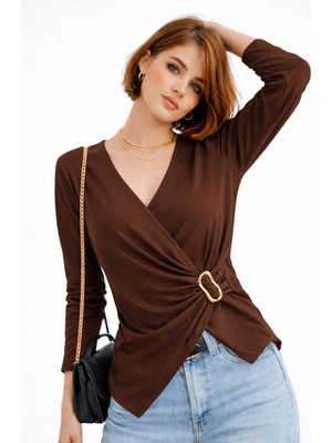 ribana Kadın Kruvaze Yaka Gold Toka Detaylı Uzun Kollu Bluz 3002