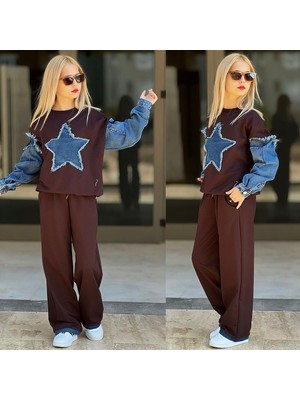 Rapapa Kız Çocuk Yıldız Detaylı Kot Balon Kollu Eşofman Takımı Alt Üst Takım 2591KA