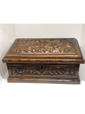 Lebron El Işçiliği Oymalı Masif Ahşap Kadife Astarlı Dekoratif Sandık 25 cm