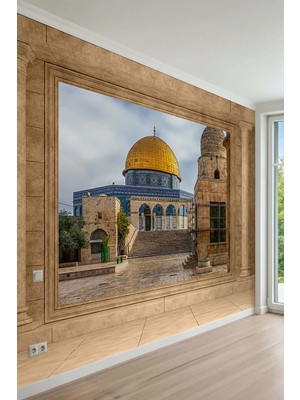Dreamwall Mescid-I Aksa ve Kubbetü’s Sahra Manzaralı Sütunlu Çerçeve Desenli Tekstil Duvar Kağıdı