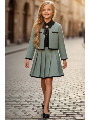 Riccotarz Kız Çocuk Yaka ve Ceket Kenarları Şerit Detaylı Ceket Klasik Gömlek Pileli Yeşil Şanel Etekli Takım