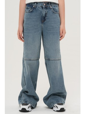 Haykids Unisex Koyu Gri Geniş Paça Dikiş Detaylı Jean Bol Kesim Alt Giyim Kot Pantolon