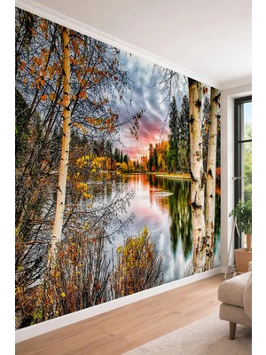 Dreamwall Sonbaharda Huş Ağaçları ve Göl Manzaralı Tek Parça Tekstil Duvar Kağıdı