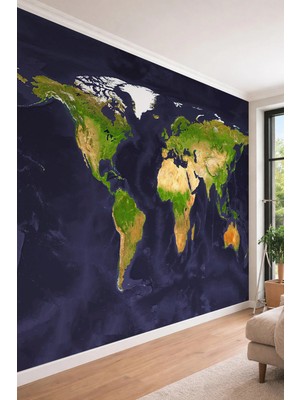 Dreamwall 3D Rölyef Efektli Dünya Haritası - Ofis Için Tek Parça Tekstil Duvar Kağıdı