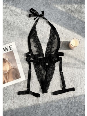 Gece İncisi Siyah Derin Göğüs Dekolteli Jartiyerli Bodysuit