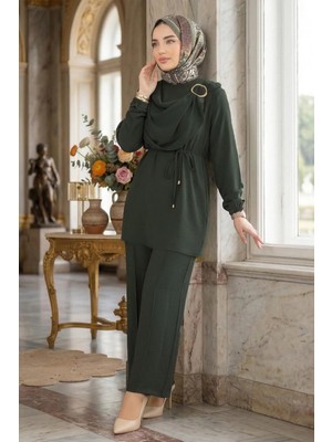 Hafsa Mina Yandan Tokalı Pantolonlu Ayrobin Takım Haki HM2901