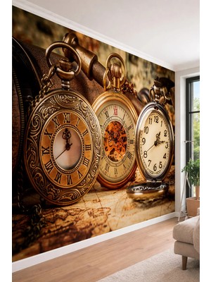 Dreamwall Nostaljik Köstekli Saatler - Antika Temalı Tek Parça Tekstil Duvar Kağıdı