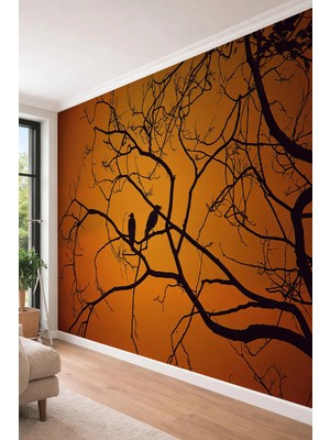 Dreamwall Gün Batımı ve Kuş Silüeti - Modern Ofis ve Kafe Tek Parça Tekstil Duvar Kağıdı