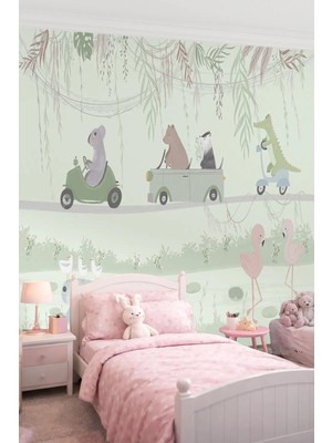 Dreamwall Araç Kullanan Sevimli Hayvanlar Tek Parça Tekstil Duvar Kağıdı - Macera Ormanı