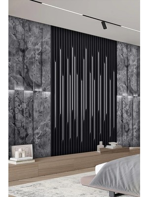Dreamwall Işık Efektli Çizgili Panel ve Mermer Görünümlü Taş Desenli Tekstil Duvar Kağıdı