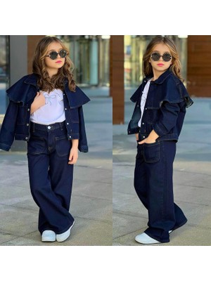 Rapapa Kız Çocuk 3 Parça Kot  Pelerin Detaylı Ceketli Denimtakım – 25179