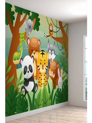 Dreamwall Sevimli Hayvanlar Tropik Bitkiler Çocuk Odası Duvar Kağıdı - Tek Parça, Kolay Uygulama