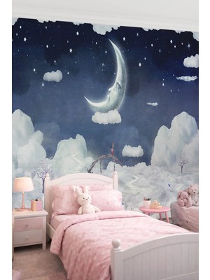 Dreamwall Gece Gökyüzünde Salıncakta Sallanan Çocuk Tek Parça Tekstil Duvar Kağıdı
