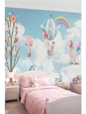 Dreamwall Balonlu Sevimli Hayvanlar ve Gökkuşağı Tek Parça Tekstil Duvar Kağıdı