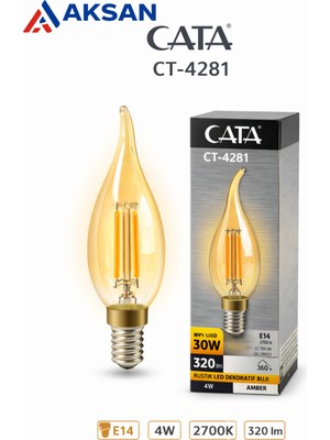 Cata CT-4281 4W E14 Kıvrık Buji Rustik LED Ampul 2700K Kehribar Camlı Dekoratif Ekstra Sıcak Sarı 320 Lm