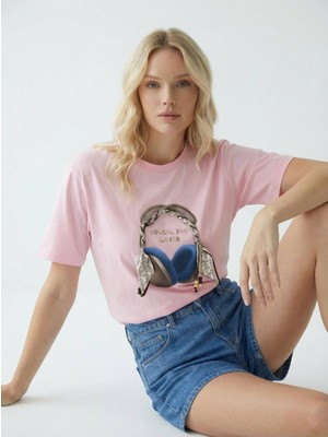 Cemo Kadın Baskılı Basic Bisiklet Yaka Beyaz Tişört