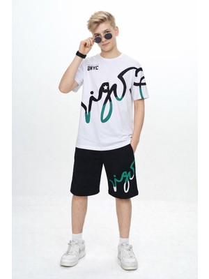 Rapapa Erkek Çocuk Baskılı Şortlu Takım Beyaz Tişört Siyah Şort Yazlık Spor Takım 0903K