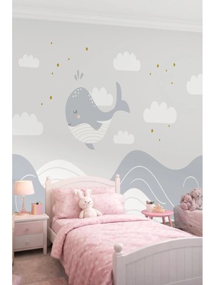 Dreamwall Bulutlarda Yüzen Sevimli Balina ve Yıldızlar Tek Parça Tekstil Duvar Kağıdı